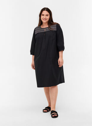 Cotton dress with smock and an A-line, Black, Model image number 3