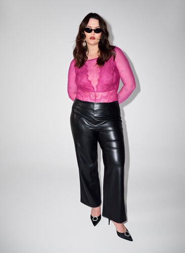 Imitated leather trousers with a wide leg., Black, Image image number 0