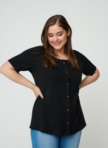 Short-sleeved T-shirt with buttons, Black, Model image number 0