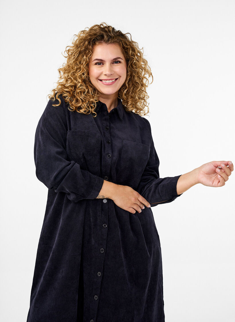 Long corduroy shirt dress with buttons, Black, Image image number 0
