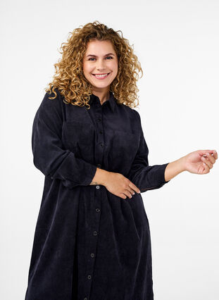 Long corduroy shirt dress with buttons - Black - Sz. 40-64 - Zizzifashion Long corduroy shirt dress with buttons - Black - Sz. 40-64 - Zizzifashion