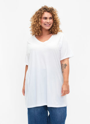 Single colour oversized t-shirt with v-neck, Bright White, Model image number 0