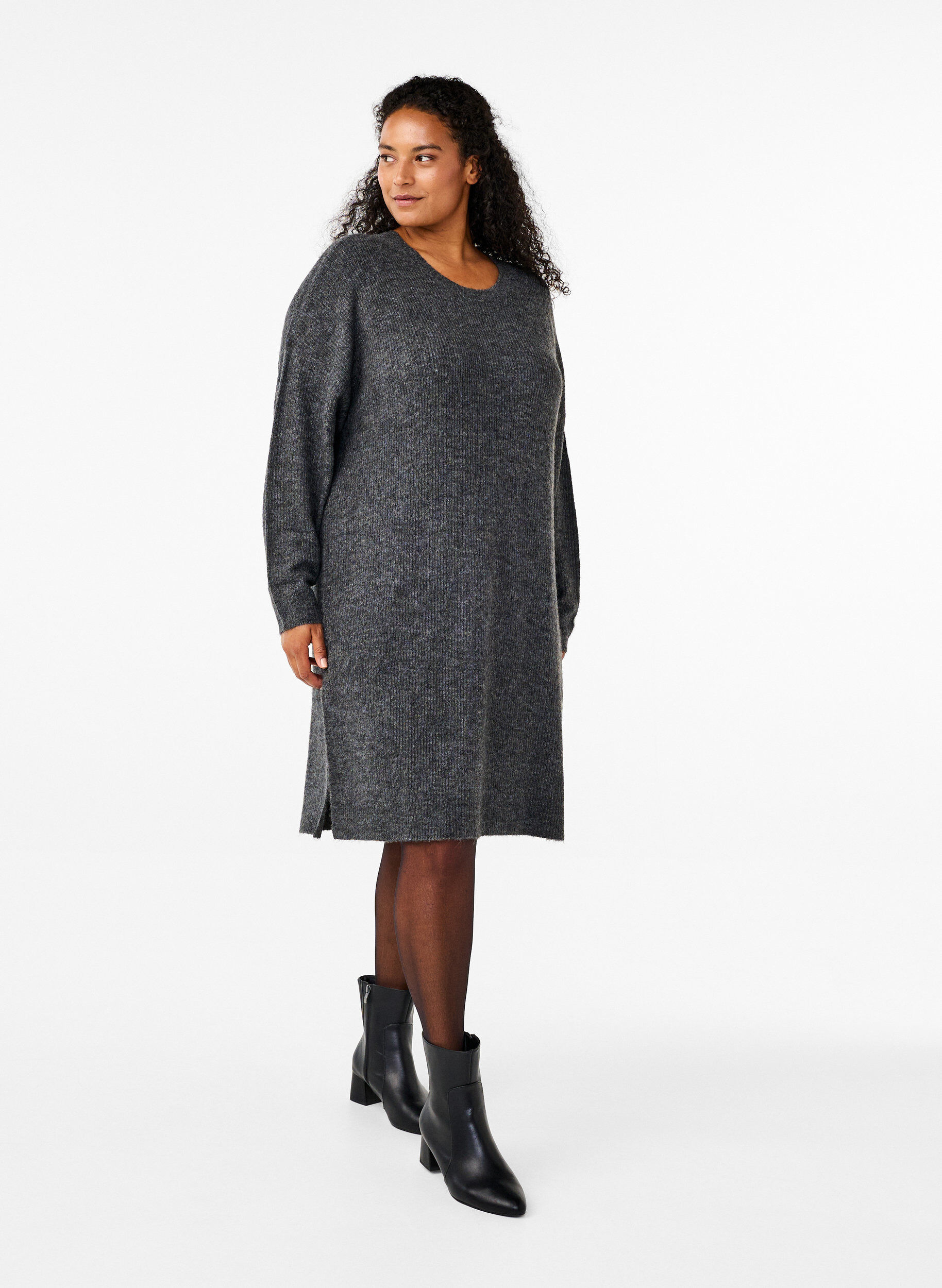 Zizzifashion Long sleeved rib knit dress, Dark Grey Black Mel., Model image number 2