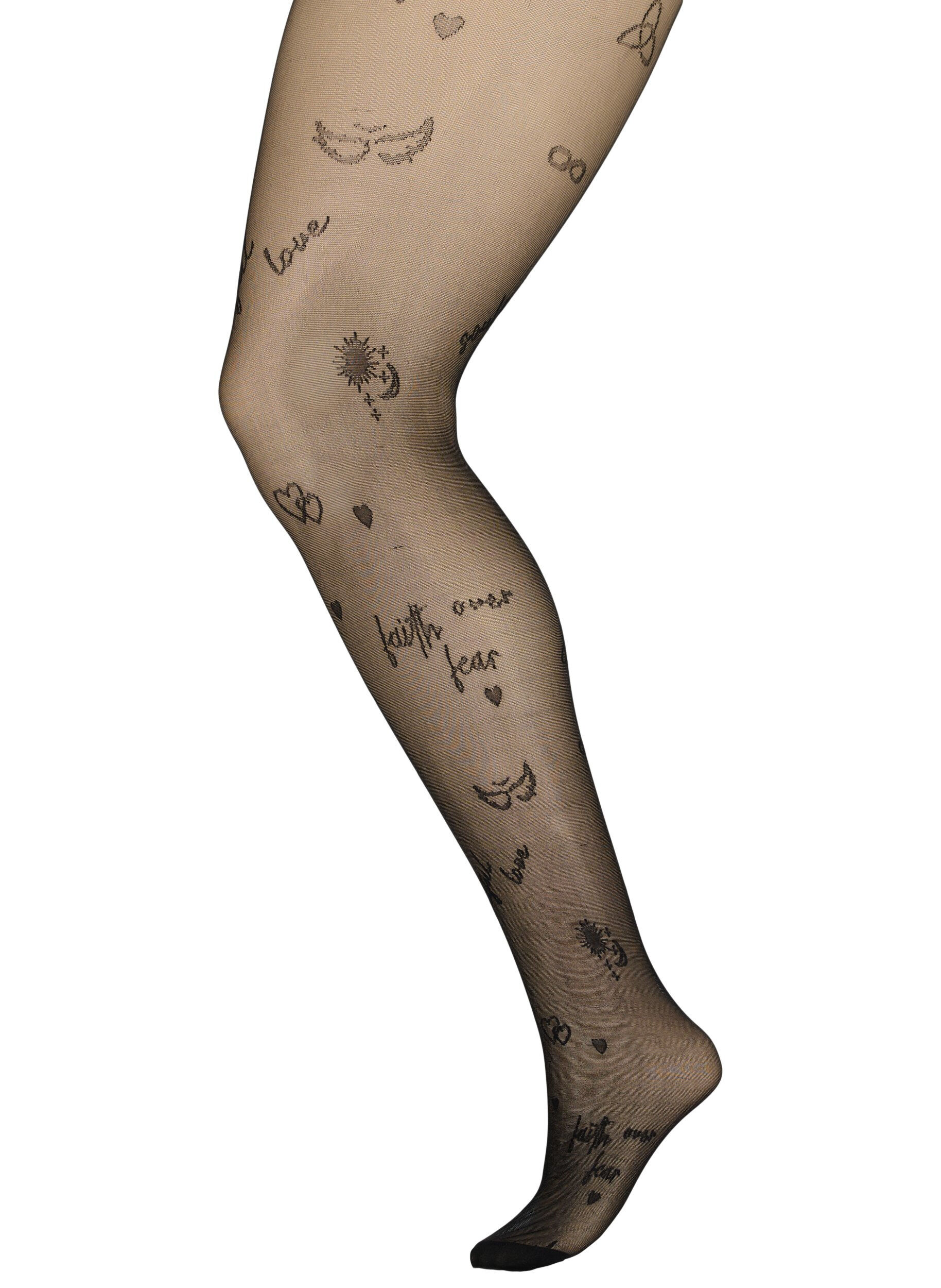 Zizzifashion Tattoo tights in 25 denier, Black, Packshot image number 0