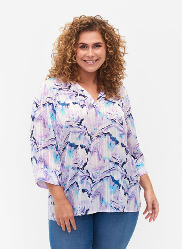 Printed blouse with 3/4 sleeves, Blue Lilac AOP, Model image number 0