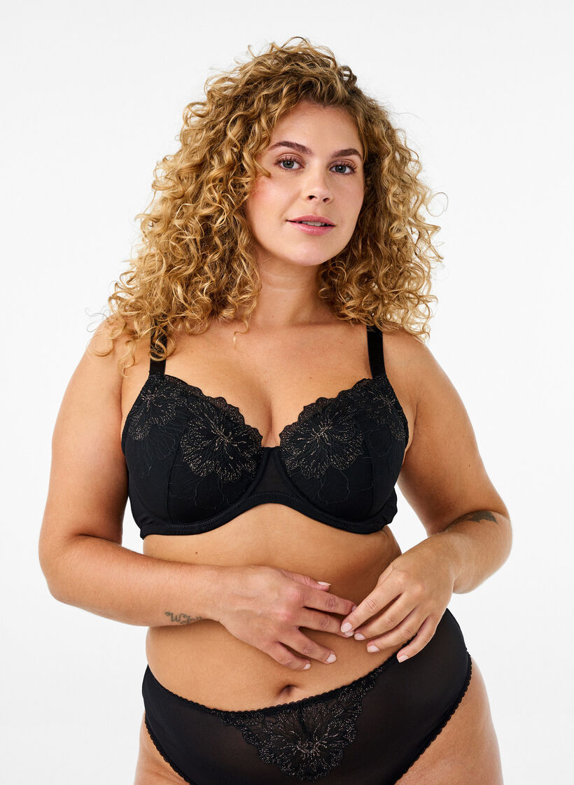 Padded bra with shiny embroidered detail, Black, Model image number 0
