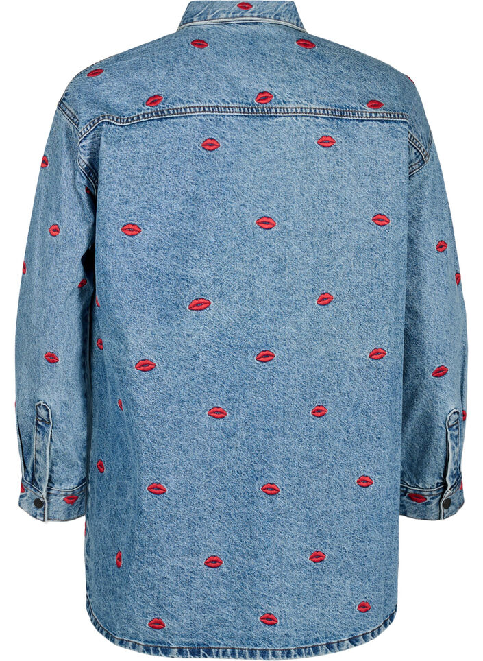 Loose denim shirt with embroidered lips, Light Blue Kiss, Packshot image number 1