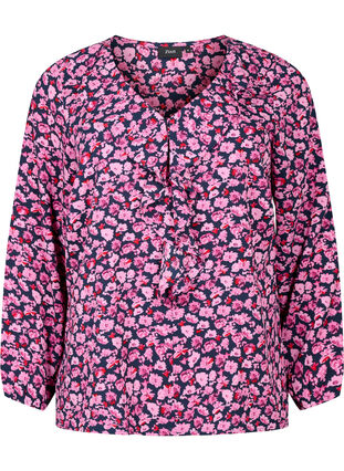 Printed blouse with ruffles, Navy Purple AOP, Packshot image number 0