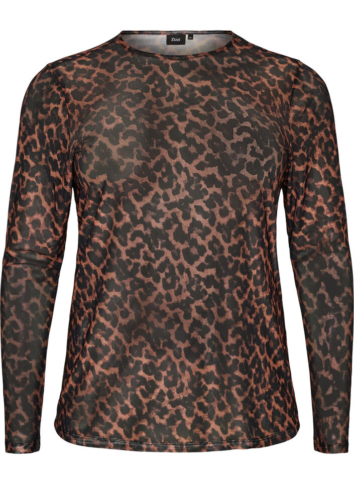 Mesh blouse with print, Brown, Packshot image number 0