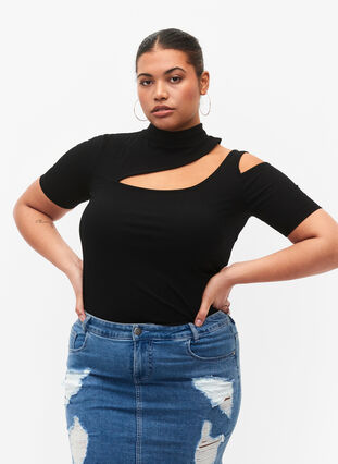 Short-sleeved blouse with cut-out section, Black, Model image number 0
