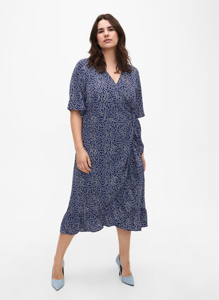 Printed wrap dress with short sleeves , M. Blue Graphic AOP, Model image number 0