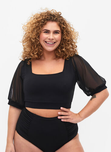 Bikini top with short mesh sleeves, Black, Model image number 0
