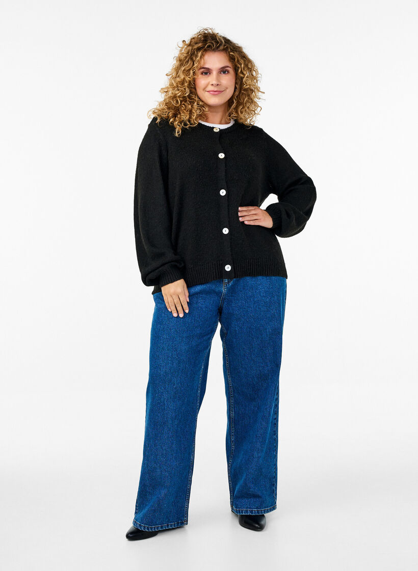 Knitted cardigan with wool and buttons, Black Solid, Model image number 2
