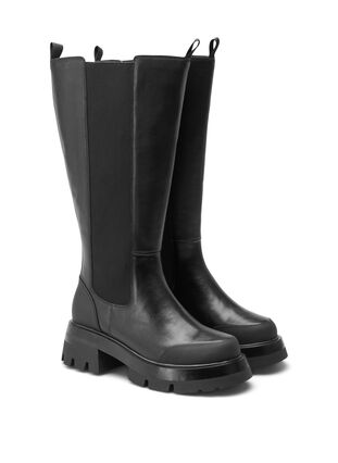 Wide fit leather boot with long shaft and elastic, Black, Packshot image number 1