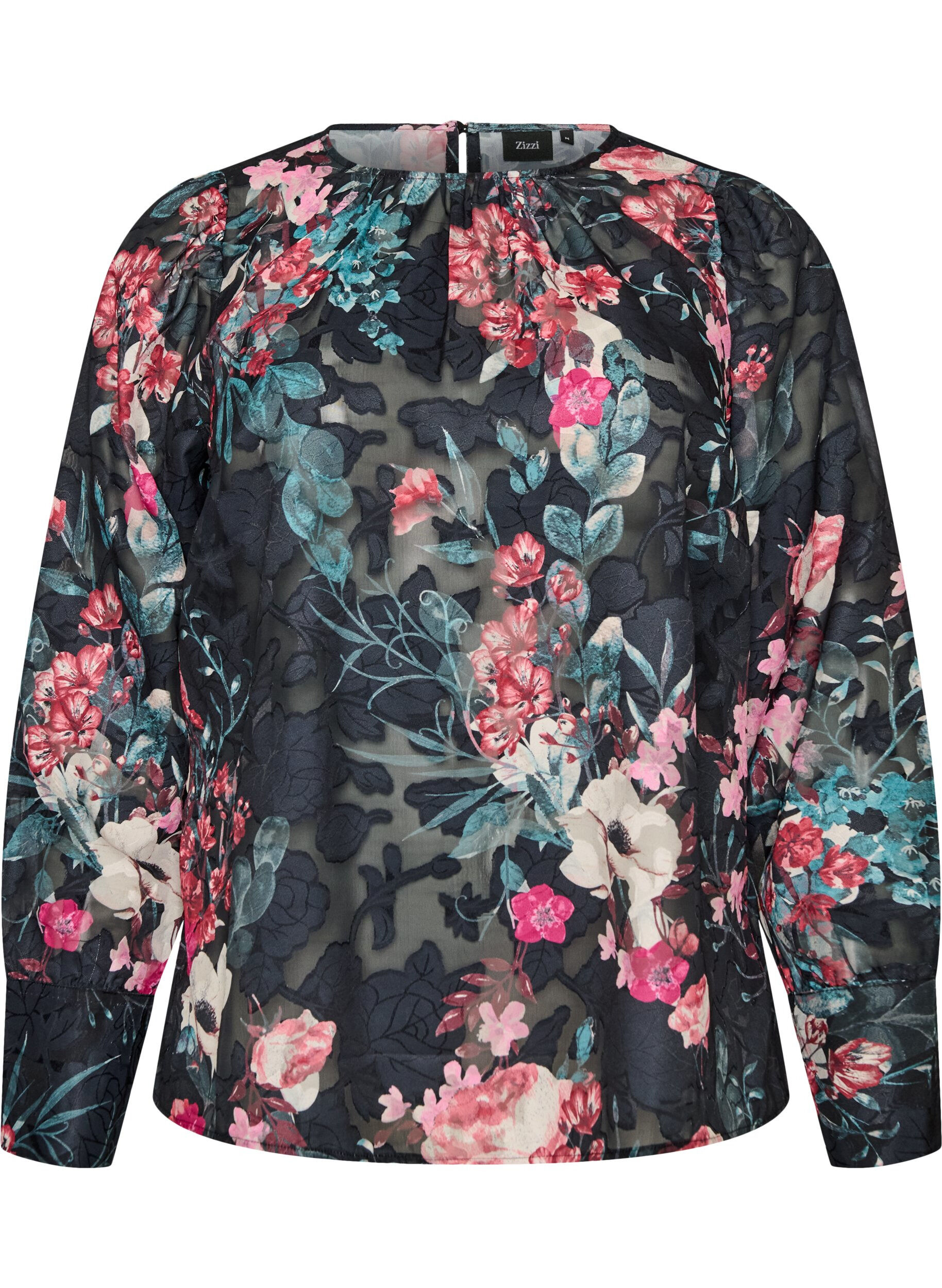 ZizzifashionFloral blouse with woven texture, Black, Packshot image number 0