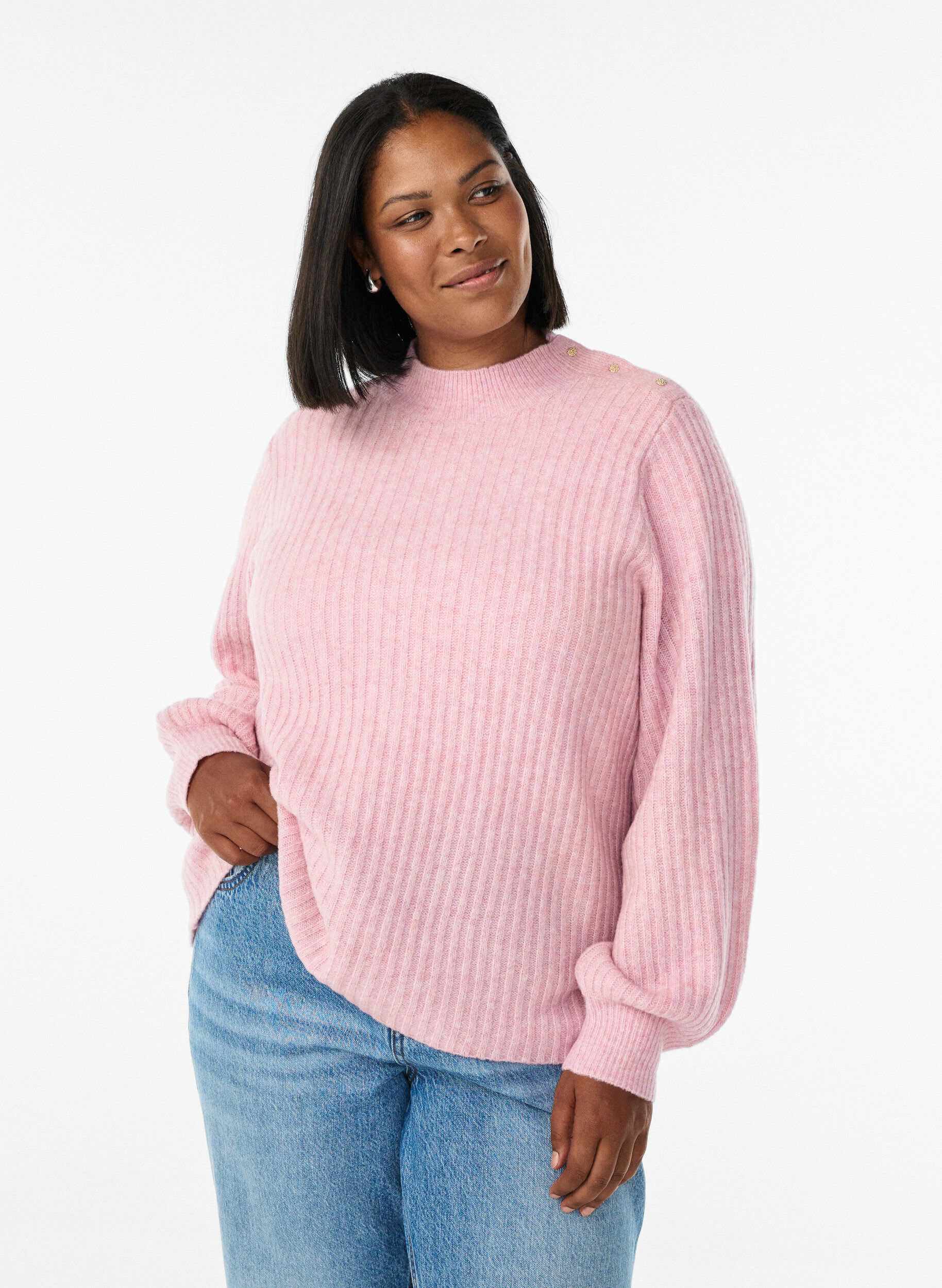 Ribbed jumper with puff sleeves and buttons, Red, Model