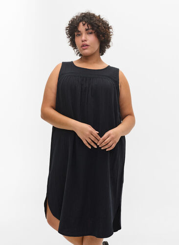 Sleeveless cotton dress in a-shape, Black, Model image number 0