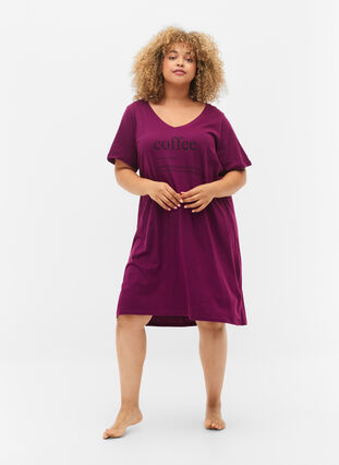 Cotton nightdress with print, D. Purple w. Coffee, Model image number 2