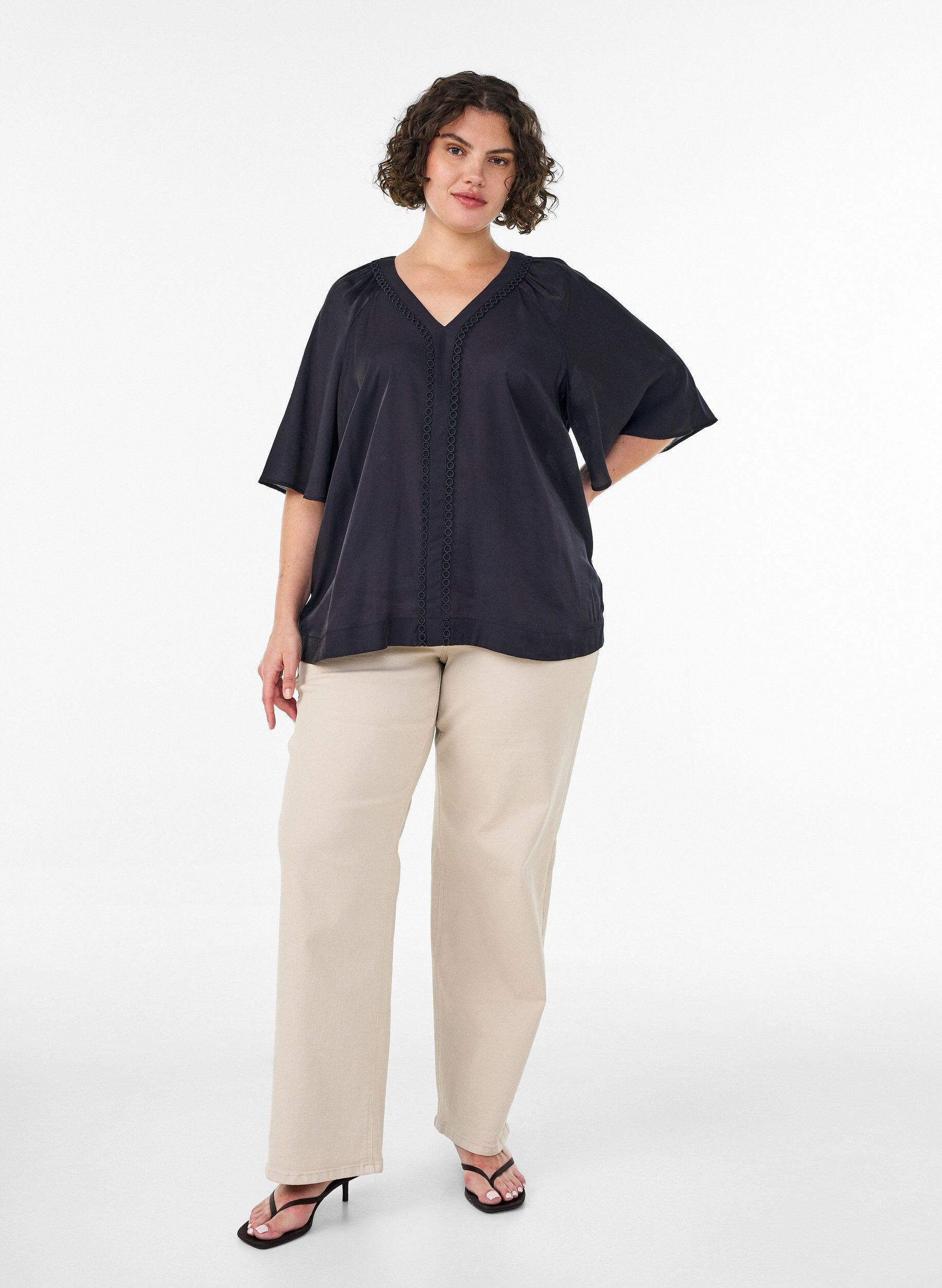 ZizzifashionViscose blouse with V-neck and decorative details, Black, Model image number 1