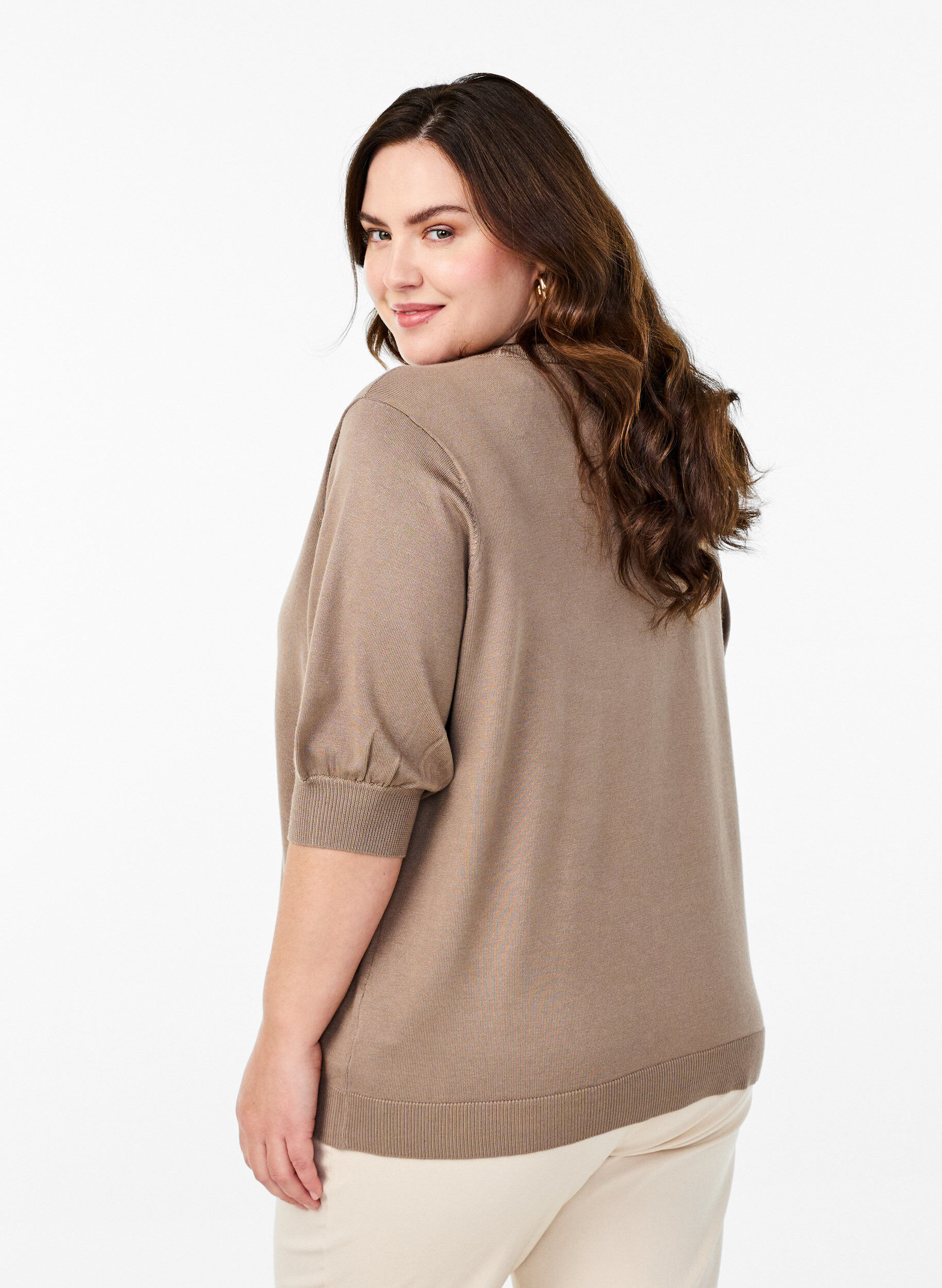 Zizzifashion Knitted blouse with short sleeves and small bows, Beige, Model image number 2