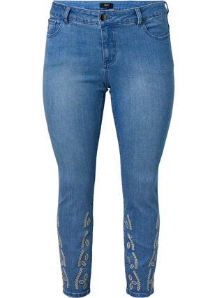 Cropped Emily jeans with embroidery, Blue denim, Packshot image number 0