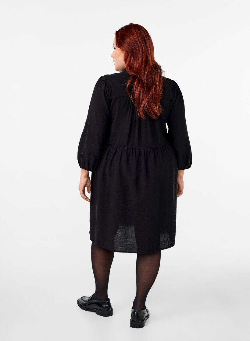 Knee-length dress with embroidery and 3/4 sleeves, Black, Model image number 1