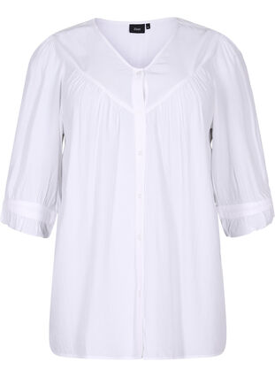 Viscose blouse with 3/4 sleeves and ruffle details, Bright White, Packshot image number 0