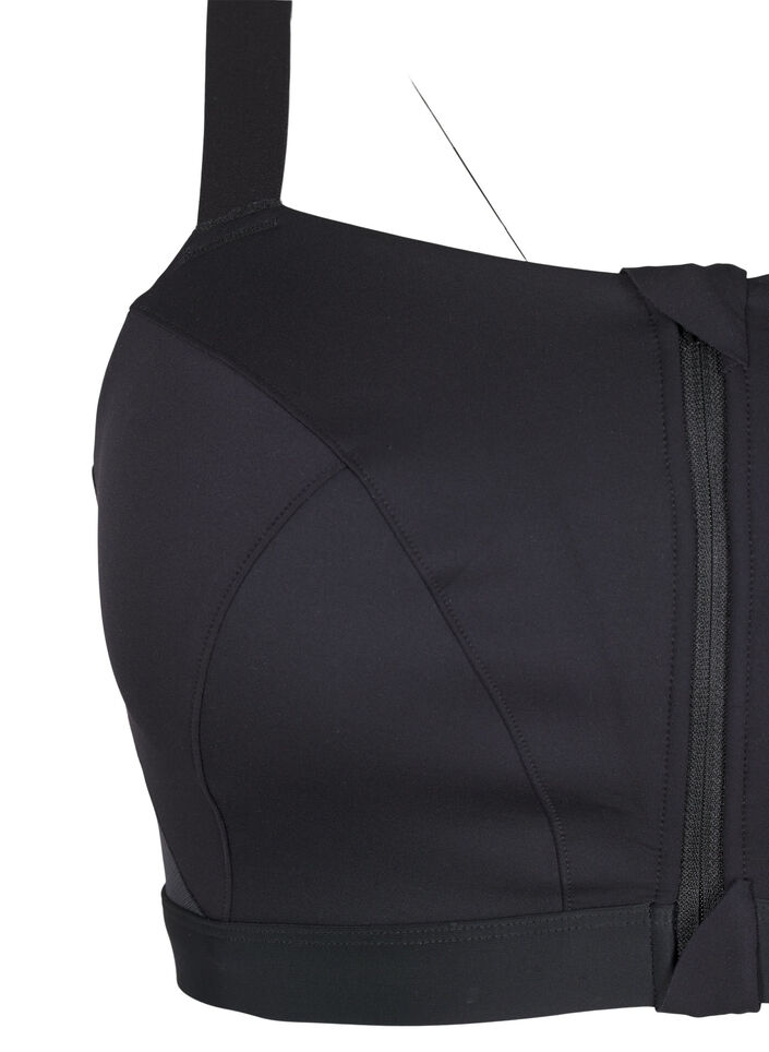 Sports bra with a front closure and high support, Black, Packshot