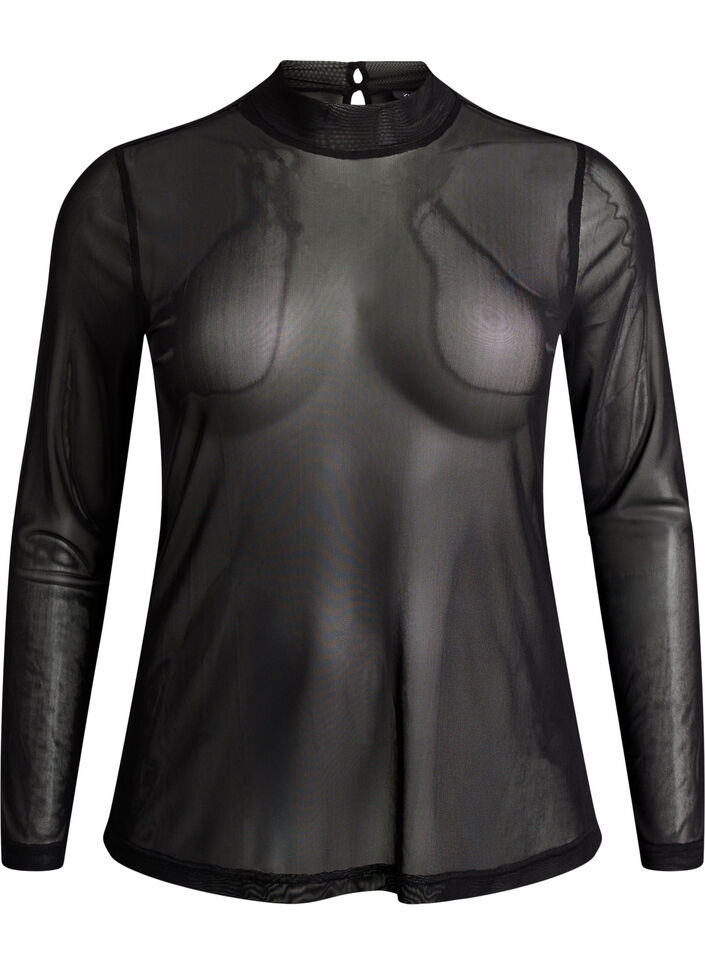 Fitted mesh blouse with long sleeves, Black, Packshot image number 0