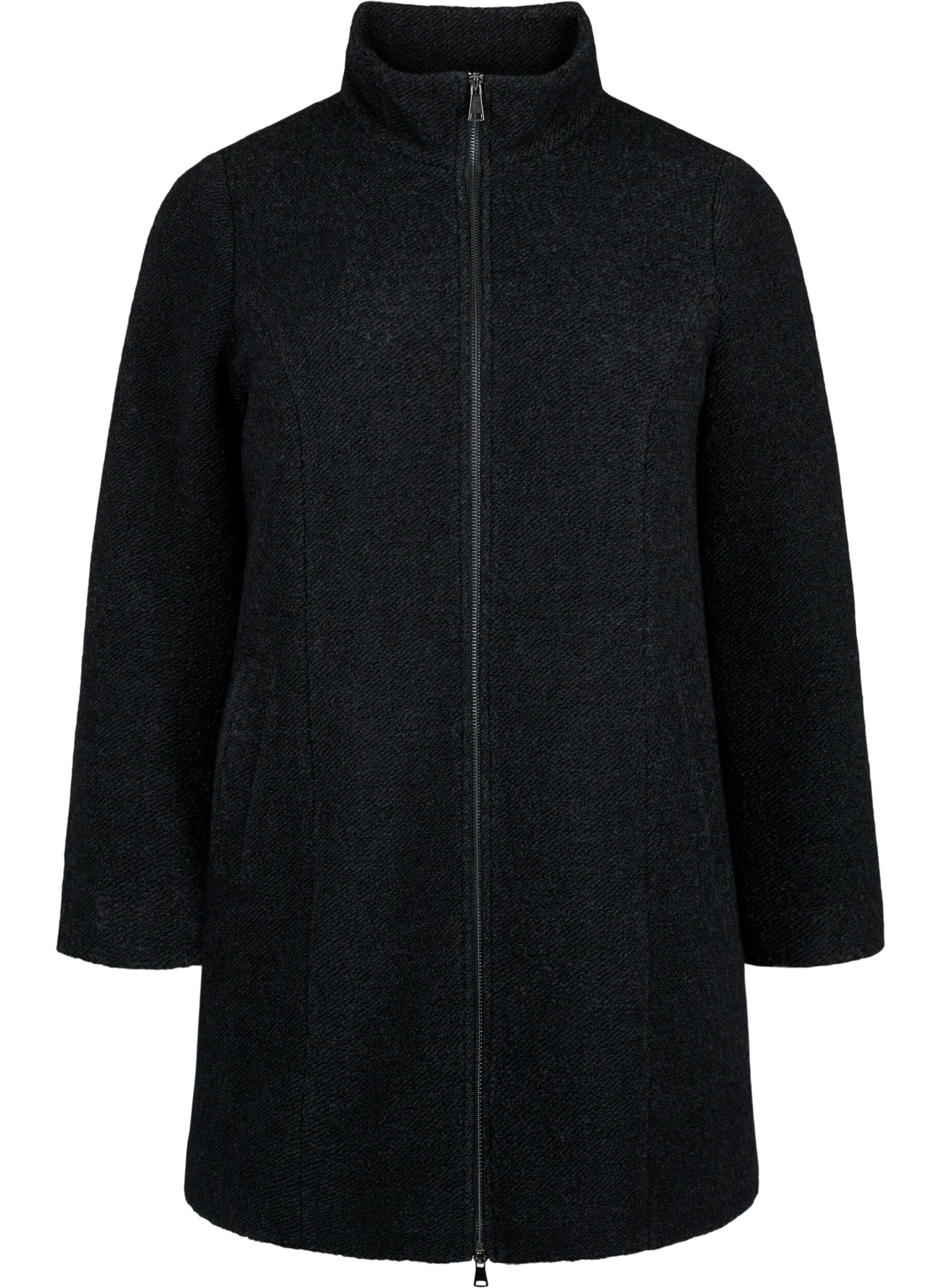 Zizzifashion Melange boucl&eacute; coat with zipper, Black Mel., Packshot image number 0