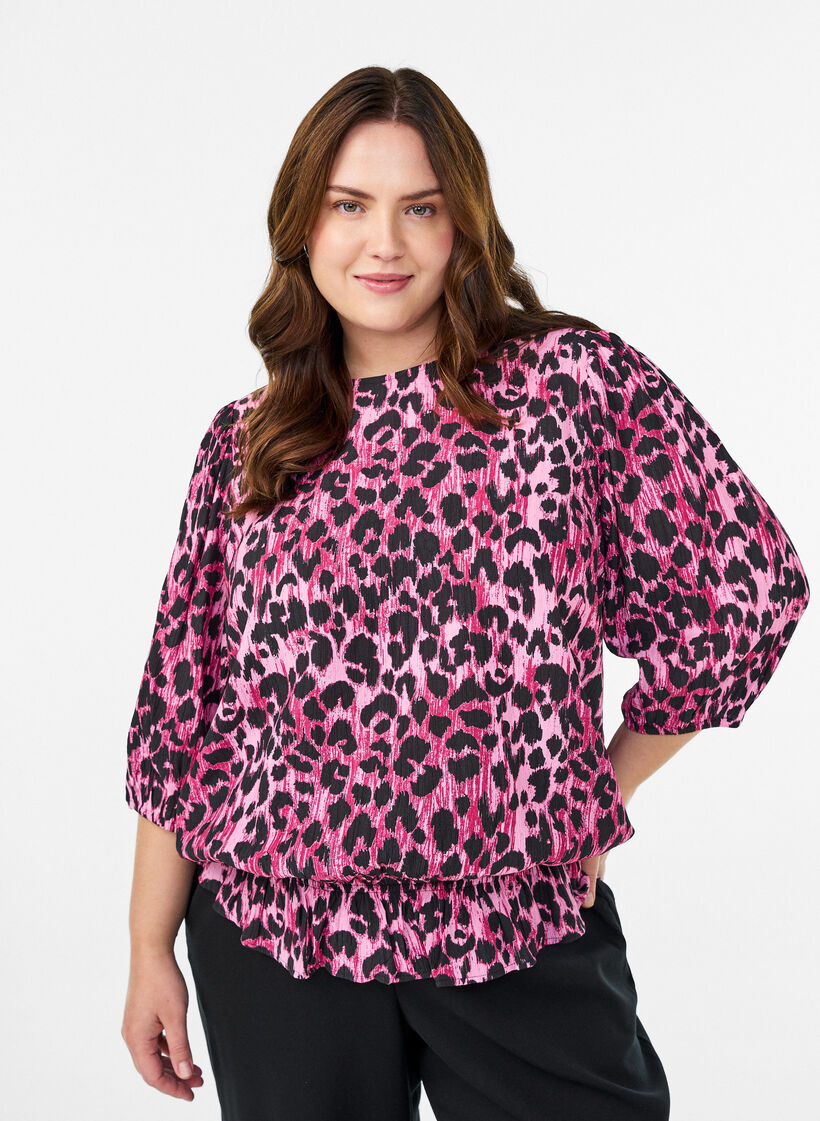 Viscose blouse with 3/4 sleeves and balloon effect, Pink, Model image number 0
