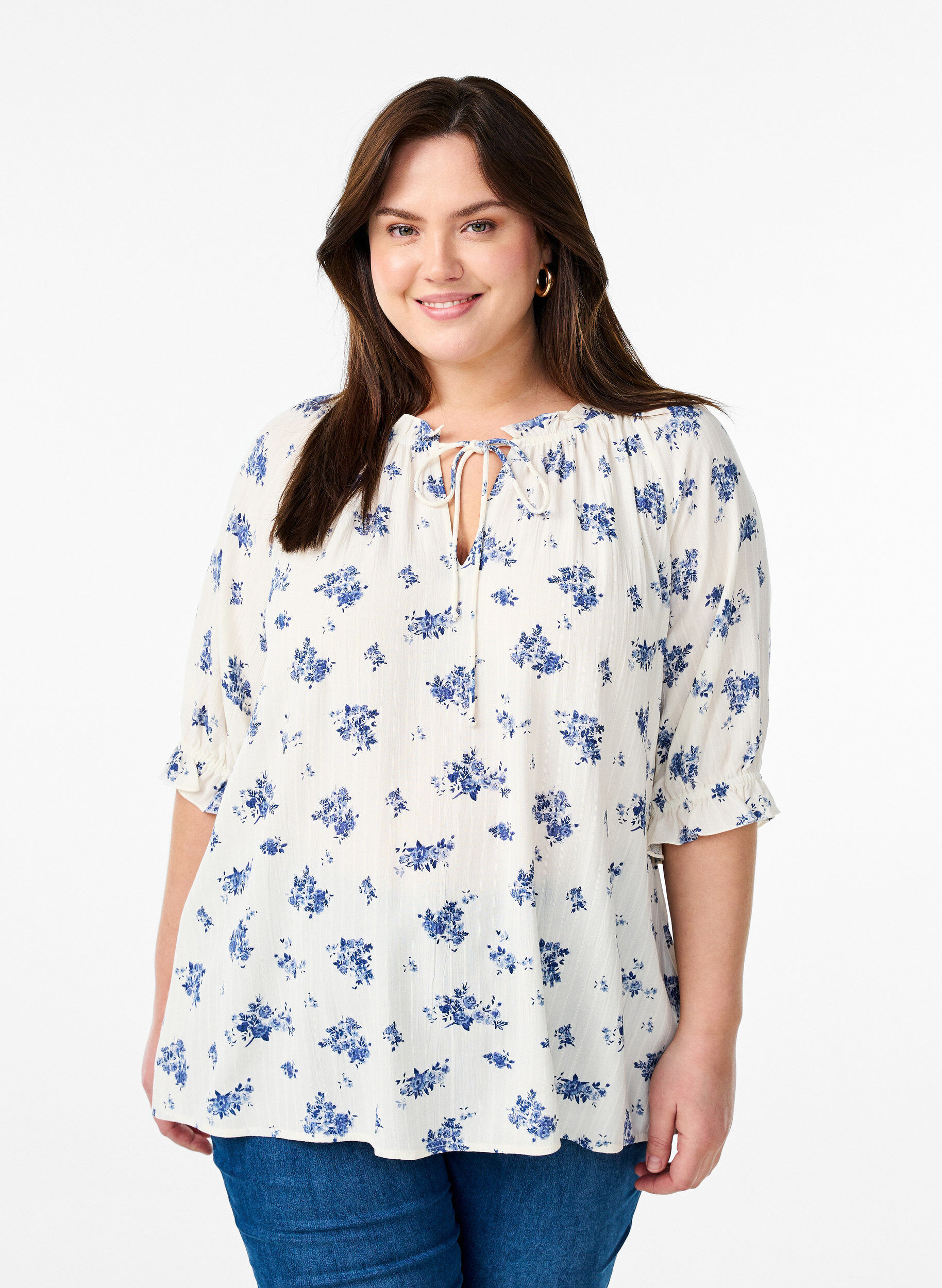 Floral viscose blouse with half-length sleeves, White, Model
