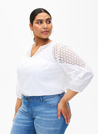 Blouse in a cotton mix with linen and crochet detail, Bright White, Model