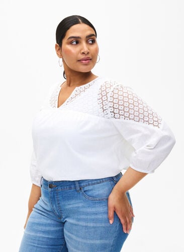 Blouse in a cotton mix with linen and crochet detail, Bright White, Model image number 0