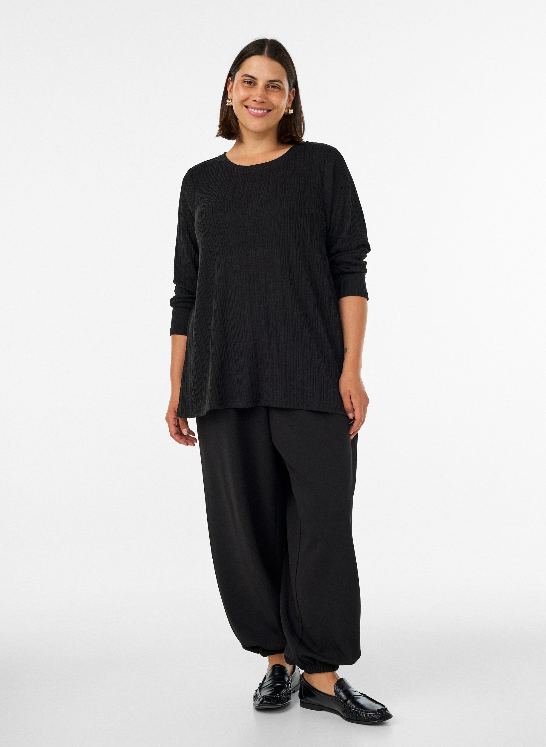ZizzifashionJersey blouse with ribbed structure and long sleeves, Black, Model image number 1