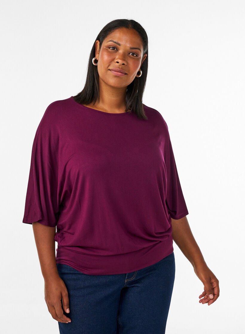 Jersey blouse with elbow-length balloon sleeves, Purple, Model image number 0