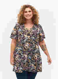FLASH - Tunic with v neck and print, Brown Blue Flower, Model