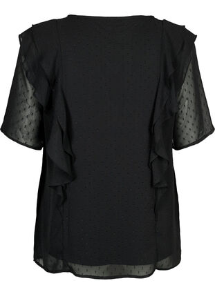 Short-sleeved blouse with ruffles and dotted pattern, Black, Packshot image number 1