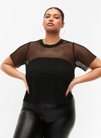 Mesh blouse with short sleeves, Black, Model