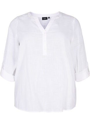 Shirt blouse in cotton with a v-neck, Bright White, Packshot image number 0
