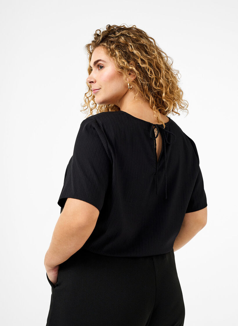 Short-sleeved viscose blouse with ties, Black, Model image number 1