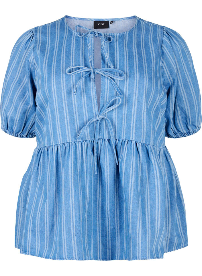 Short-sleeved denim blouse with stripe pattern, Blue, Packshot image number 0