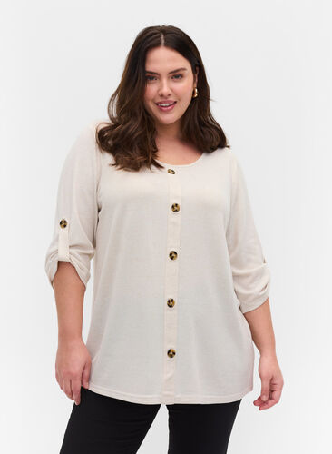 Blouse with buttons and 3/4 sleeves, Pumice Stone Melange, Model image number 0