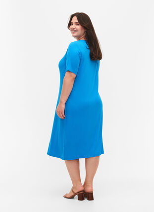 Short-sleeved midi dress in viscose rib quality, Ibiza Blue, Model image number 1