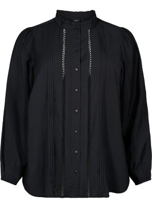 Viscose shirt blouse with ruffle collar, Black, Packshot image number 0
