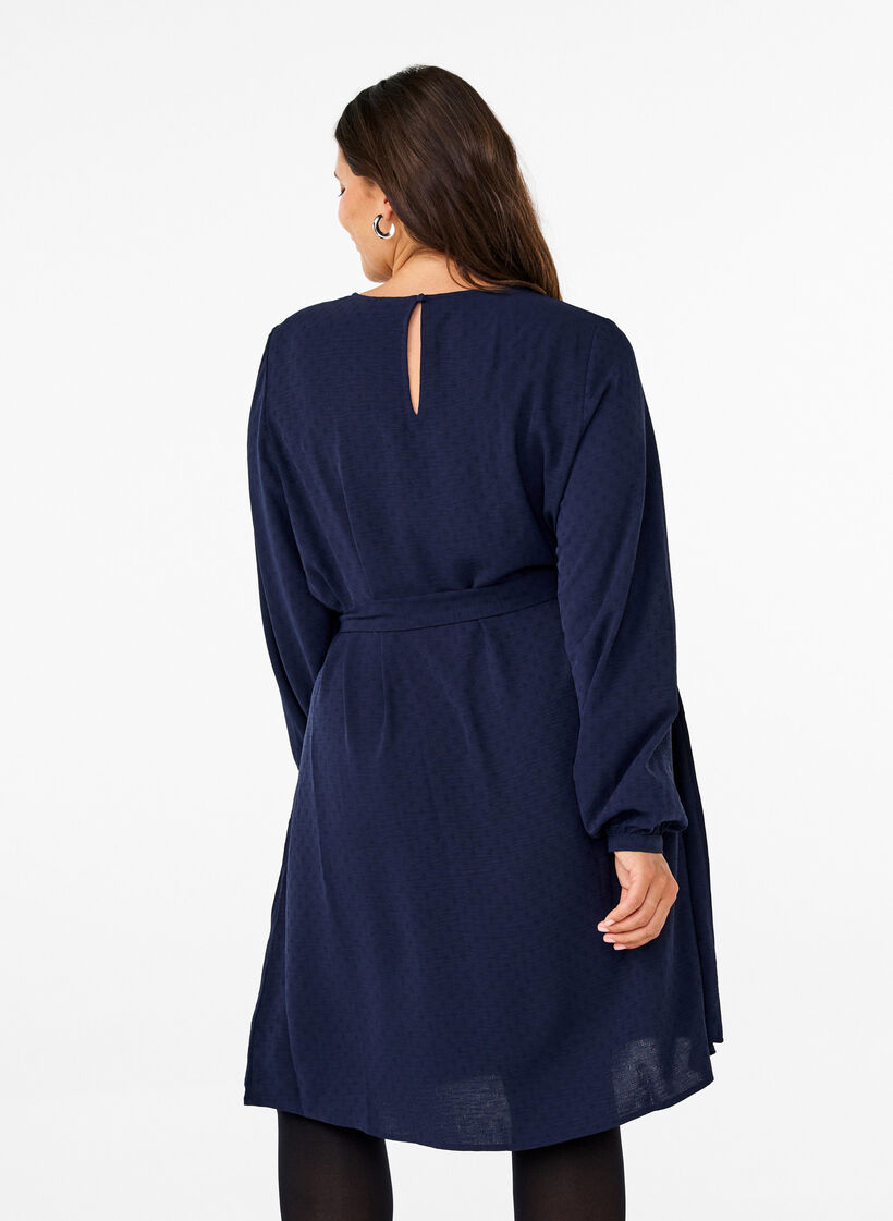 Short textured dress with a tie belt, Navy Blazer, Model image number 1