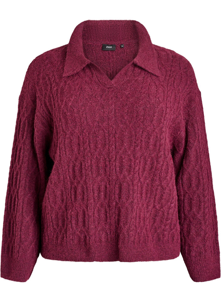 Cable knit sweater with polo collar, Dark Bordeaux, Packshot image number 0