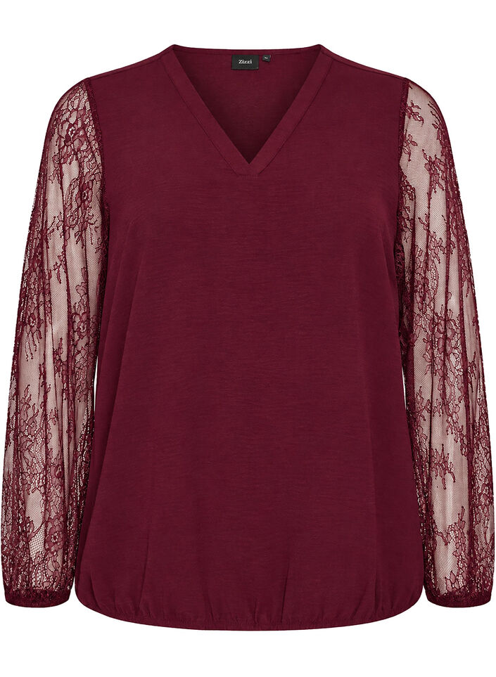 Blouse with lace sleeves and balloon shape, Red, Packshot image number 0