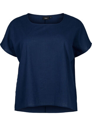 Short-sleeved blouse in cotton blend with linen, Navy Blazer, Packshot image number 0