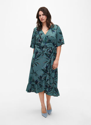 Printed wrap dress with short sleeves , Sea Pine Leaf AOP, Model image number 2
